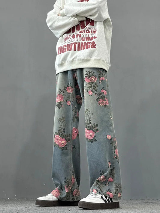 Floral-Print Wide-Leg Jeans — Mid-Rise Summer Straight-Leg Floor-Length Denim — front view