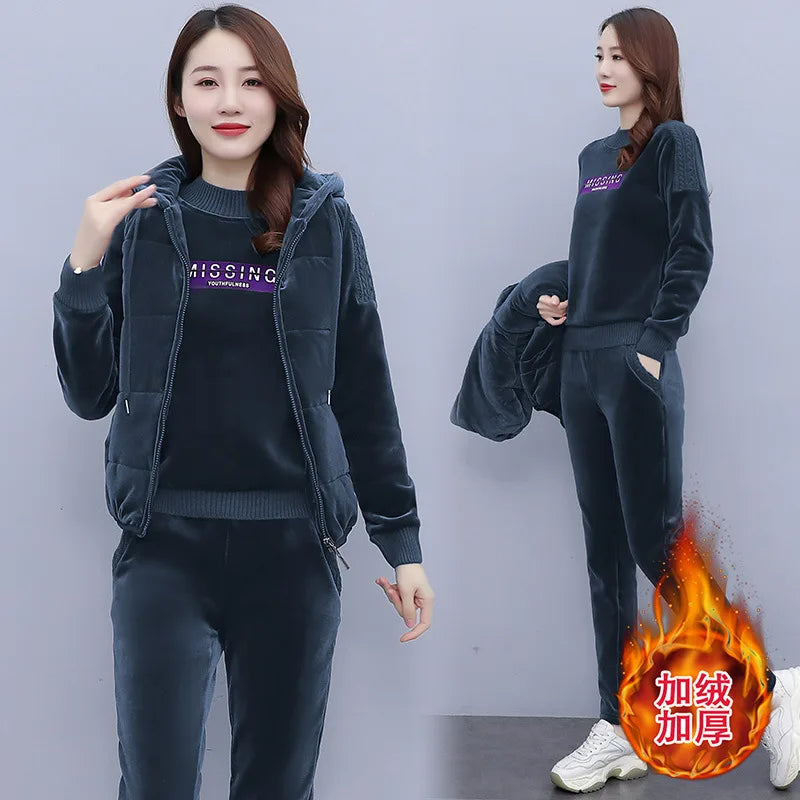 Winter Thick Velour Women Sport Suit Warm Hoodie Sweatshirt+pant+jacket Casual Jogger Running Outfit Set Sportswear Tracksuit