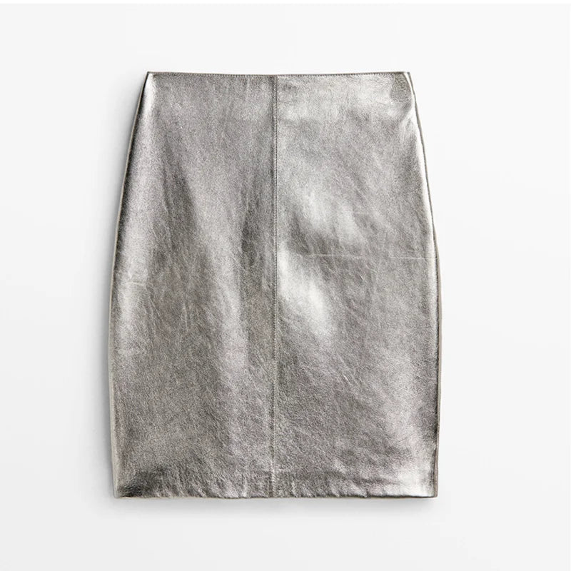 Europe/America Genuine Leather silver Skirt Women 2023 Spring 50cm Long Fashion High Waist Buttons Retro Pencil Skirt Walk High