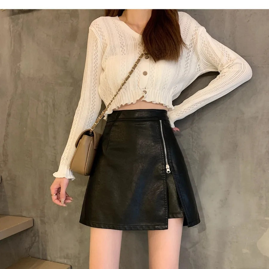 【HOT】Small leather skirt half-body skirt for women spring and autumn new fashion zipper PU leather short skirt slimming high wa — view 2 of product