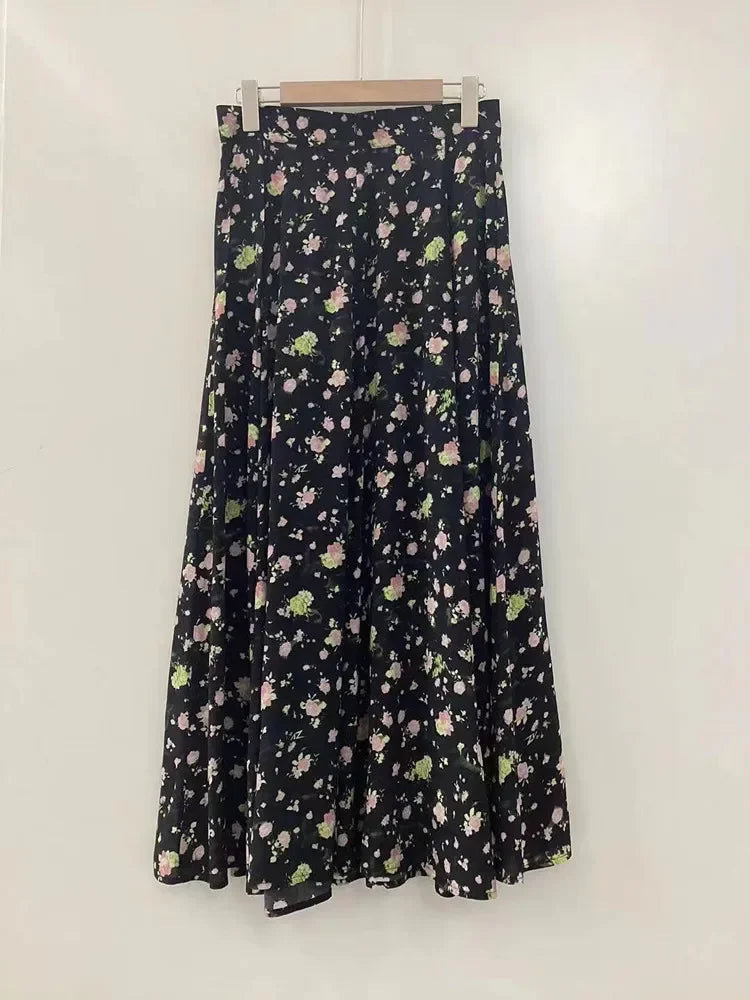 Women Skirt 100% Viscose Floral Letter Printed Prairie Chic High Waist Ladies Midi Jupe with Pockets Spring Summer 2024 New