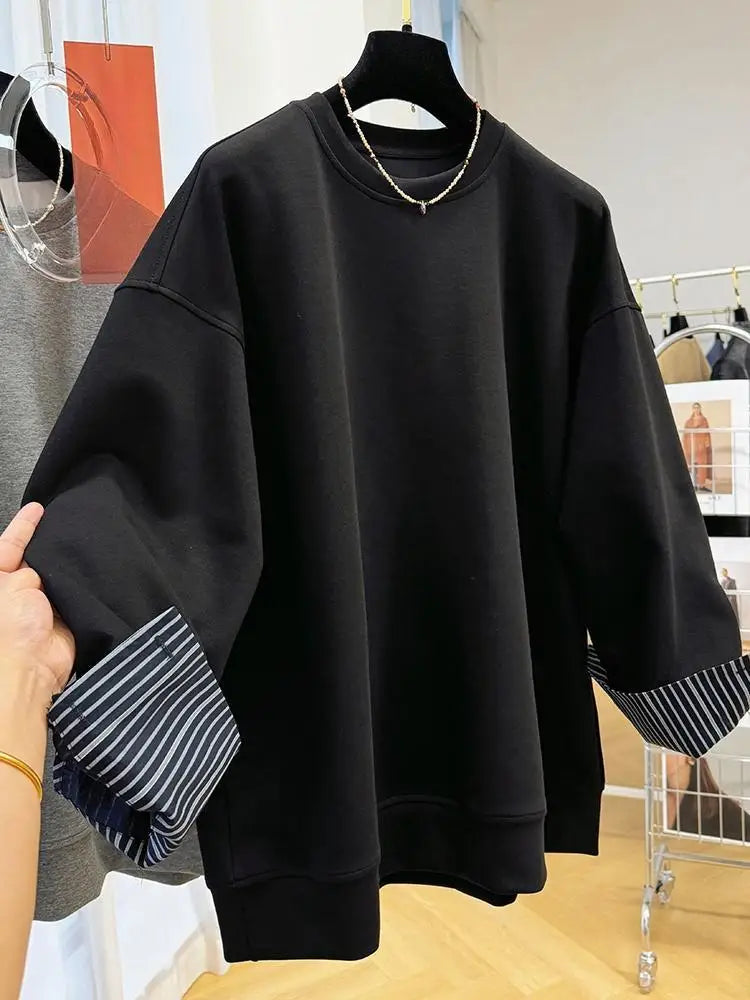 Autumn and Winter Women's Pullover Round Neck Hoodie Lazy Style Splicing Design Fake Two Piece Loose Long Sleeve Tops