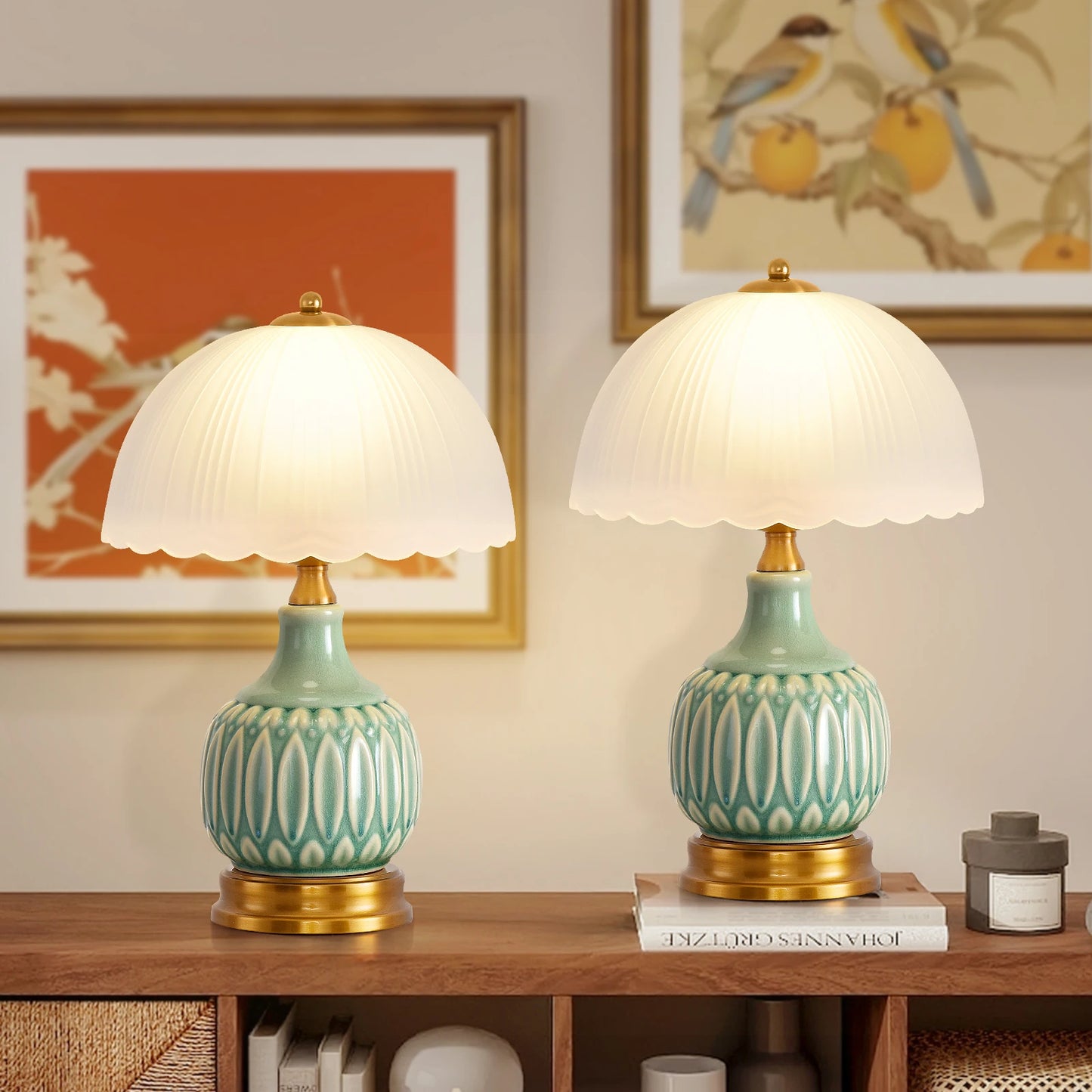 Vintage Ceramic Table Lamp &mdash; 16 in Modern Retro Bedside Nightstand Lamp for Living Room — view 2 of lighting