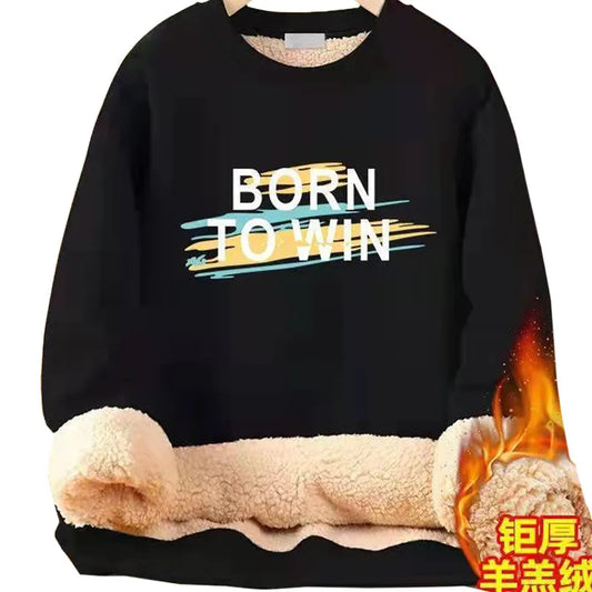 Casual Printing Letters Born To Win Pullover Women's Winter Classics Black Grey Loose Oversized Lamb