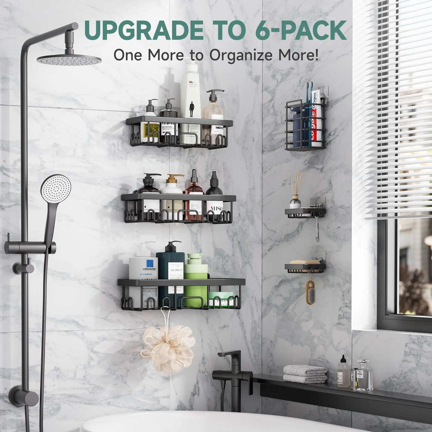 6-Pack Adhesive Shower Caddy Organizer Rack, No-Drill Install — product photo 6