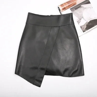 2023 Latest Real Sheep Skin Leather Tight Slim Women Zipper Sexy Black Irregularity  Leather Mini Skirt