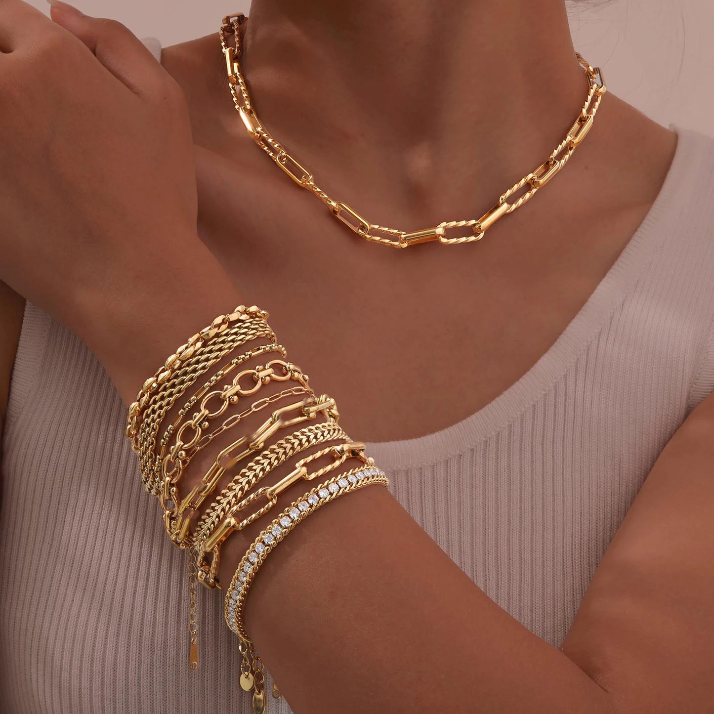 Women's 18K Gold-Plated Twist Paperclip Chain Bracelet Stainless Steel Stackable Wrist Chain — view 5 of bracelets