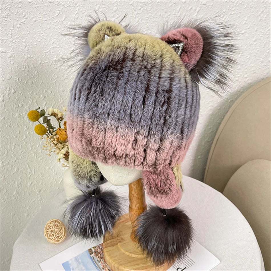 Winter Children Hat Real Rabbit Fur Hats Hat With Earflaps Bonnet Infant Cap Kids Hats for Girls Boys Ears Neck Warmer Fur Hat