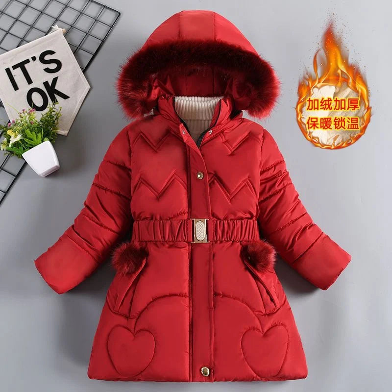 Winter Girls’ Hooded Fur Collar Coat – Warm & Thick Princess Jacket with Zipper (3-10 Years)