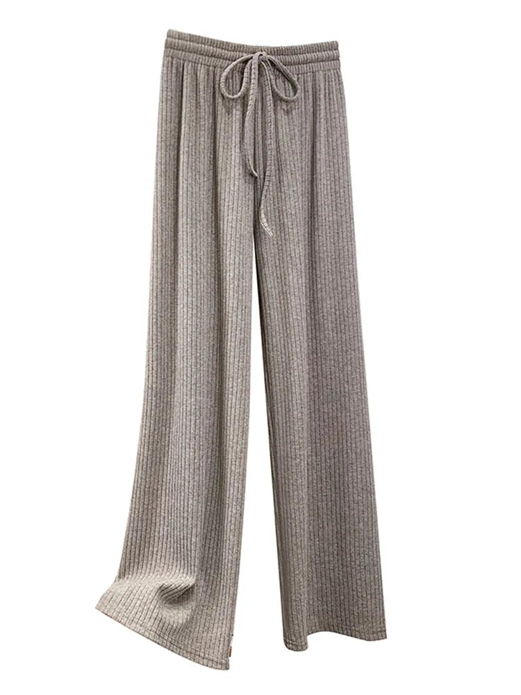 Yitimoky High Waisted Straight Pants for Women Knitted Drawstring Wide Leg Pants Korean Fashion