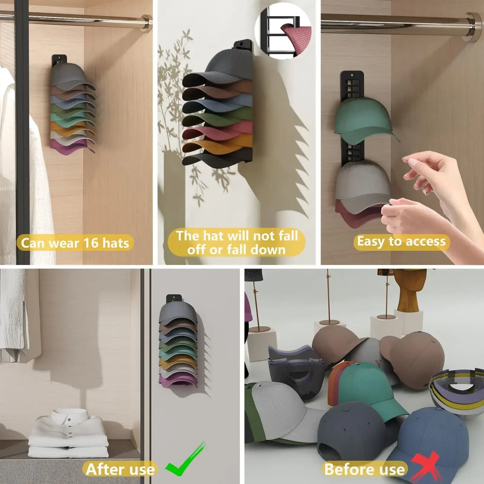 Storage Organizer 10-Grid Cap Rack — Wall-Mount Hat Holder Closet Hanger Space Saver — view 4 of storage & organisation