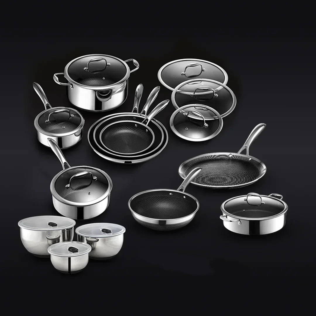 20-Piece HexClad Hybrid Cookware Set – Stainless Steel 3-Ply with Honeycomb Non-Stick & Lids