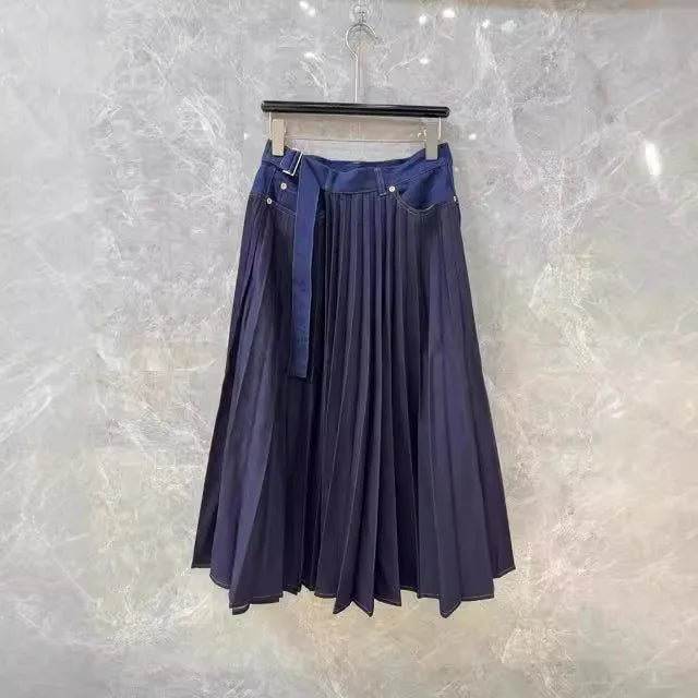 Small minimalist style pleated wash denim design strong A line big swing thin skirt skirt