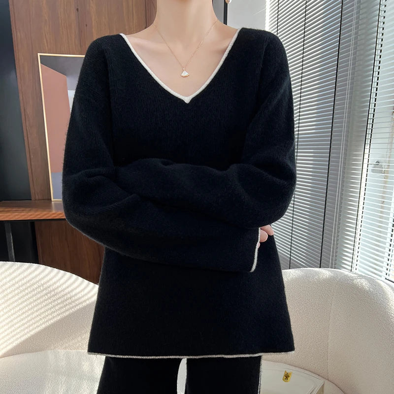 Spring and autumn new suit 100% wool shorts suit women's knitted loose color matching V-neck thin sweater two-piece suit