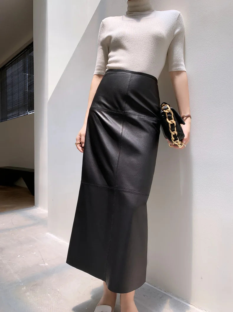 Long Skirt For Women 2023 New Fashion Vintage Black Genuine Sheepskin Leather Pencil Skirts High Waist Elegant Luxury