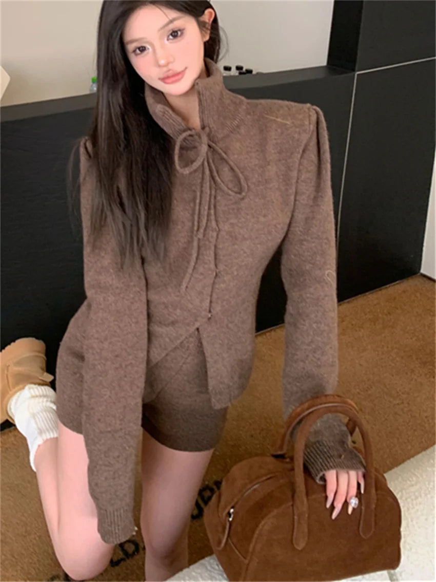 Alien Kitty Women’s Knitted Office Suit – Elegant Full Sleeve Sweater & Loose Shorts for Spring 2024