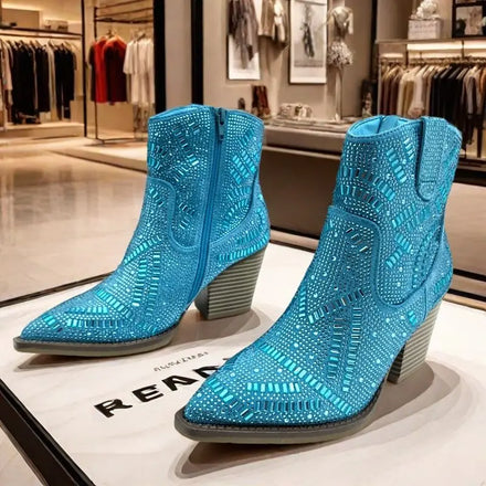 Diamond Chelsea Cowboy Boots — Y2K Western Ankle Boots with Crystal Detailing — view 1 of boots