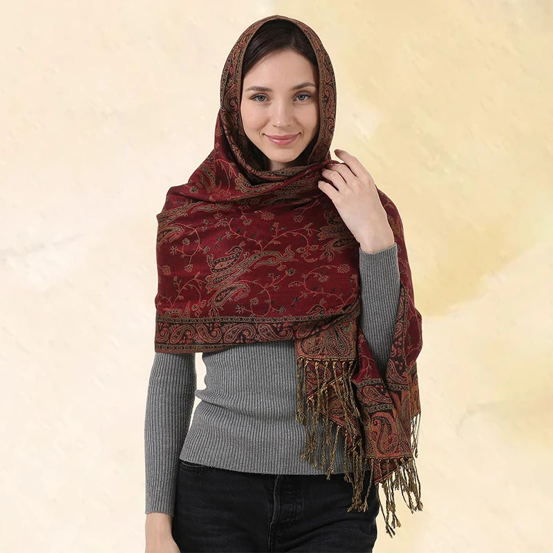 Pashmina Scarf European Bohemia Paisley Jacquard — Museum-Piece Cashmere Shawl Wrap 70×190cm — view 13 of scarves & wraps