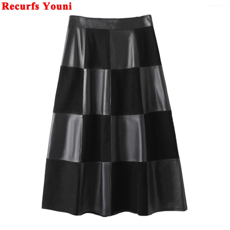 Checkered Genuine Leather Skirt for Women French Elegant Suede Leather Patchwork Umbrella Jupe Longues Femme Plaid Saia Feminina