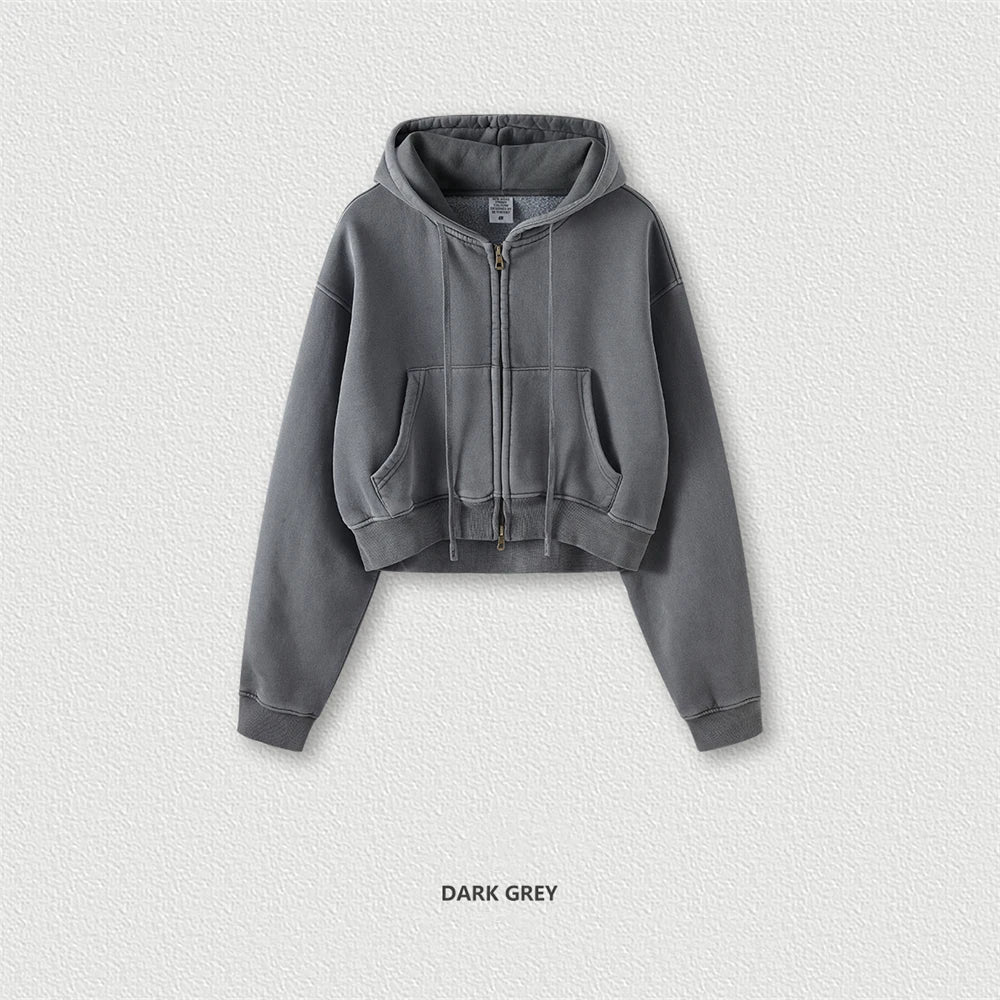 ZODF Retro 2023 Winter Women Short Zipper Hoodies Female Girls Loose 355gsm Thick Fleece Hooded Zip-up Coat Streetwears HY0448