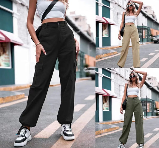 RX6635Summer new casual pants women's cotton high waist wide leg cargo pants 2024