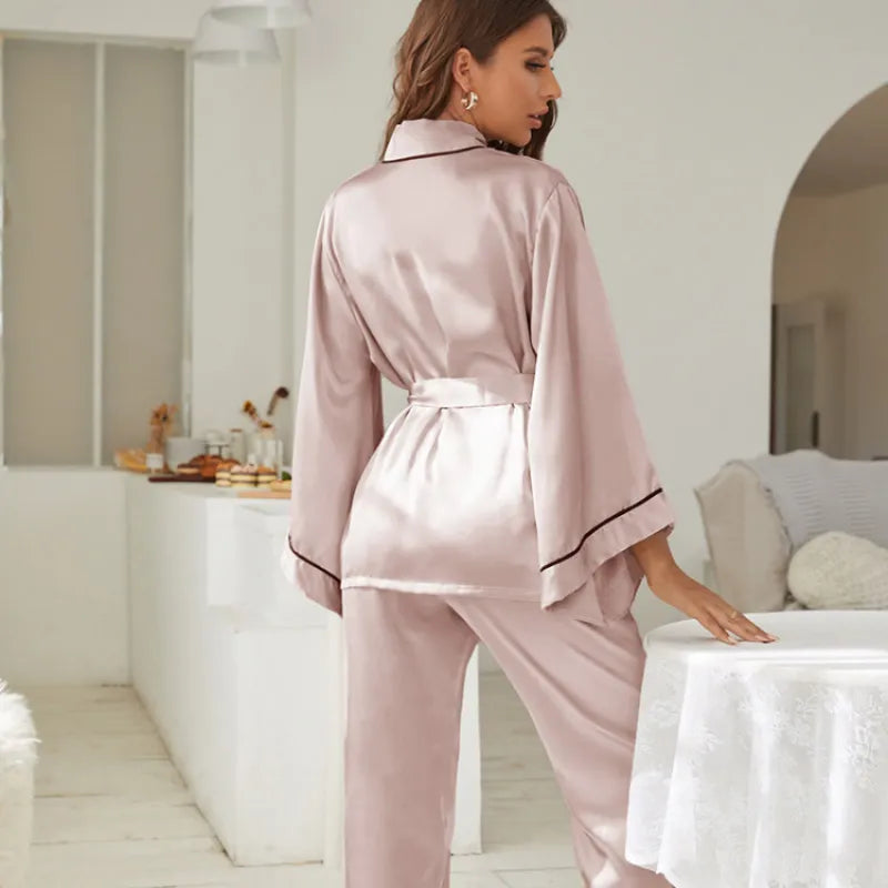 2 Piece Set Women Pajamas Satin Sleepwear Long Flared Sleeve and Long pant Fallow V-Neck Collar Casual