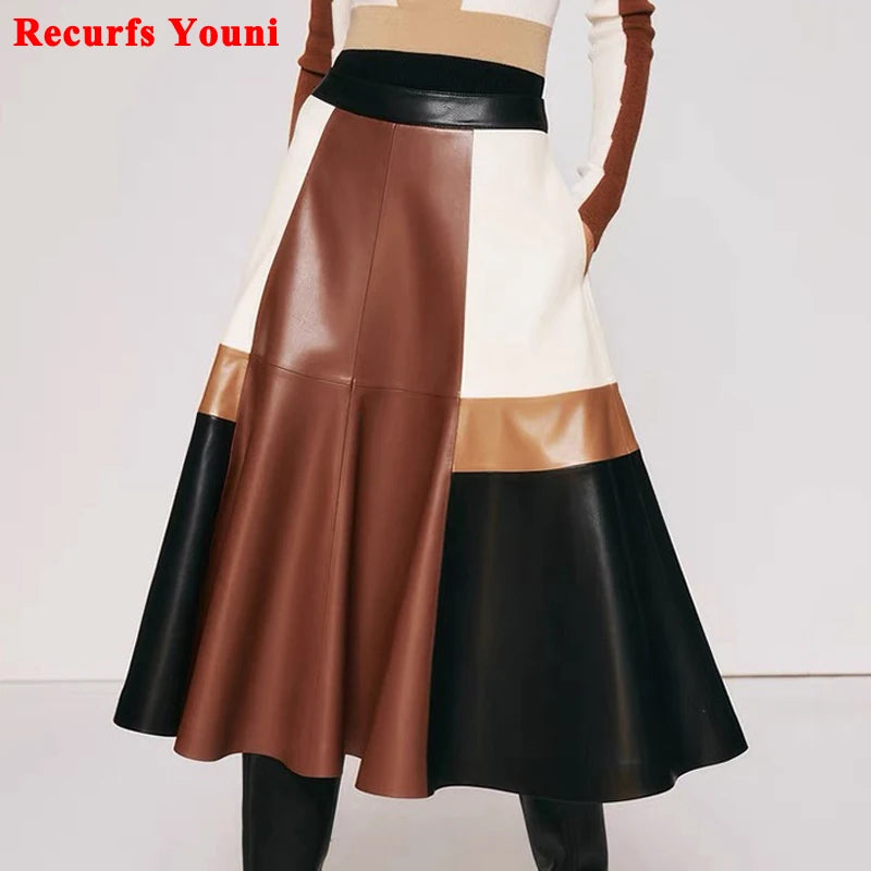 Moda Clothing 2024 Spring and Autumn Fashion Contrast Color Leather Skirts Female Retro Patchwork Large Swing 80CM Long Faldas