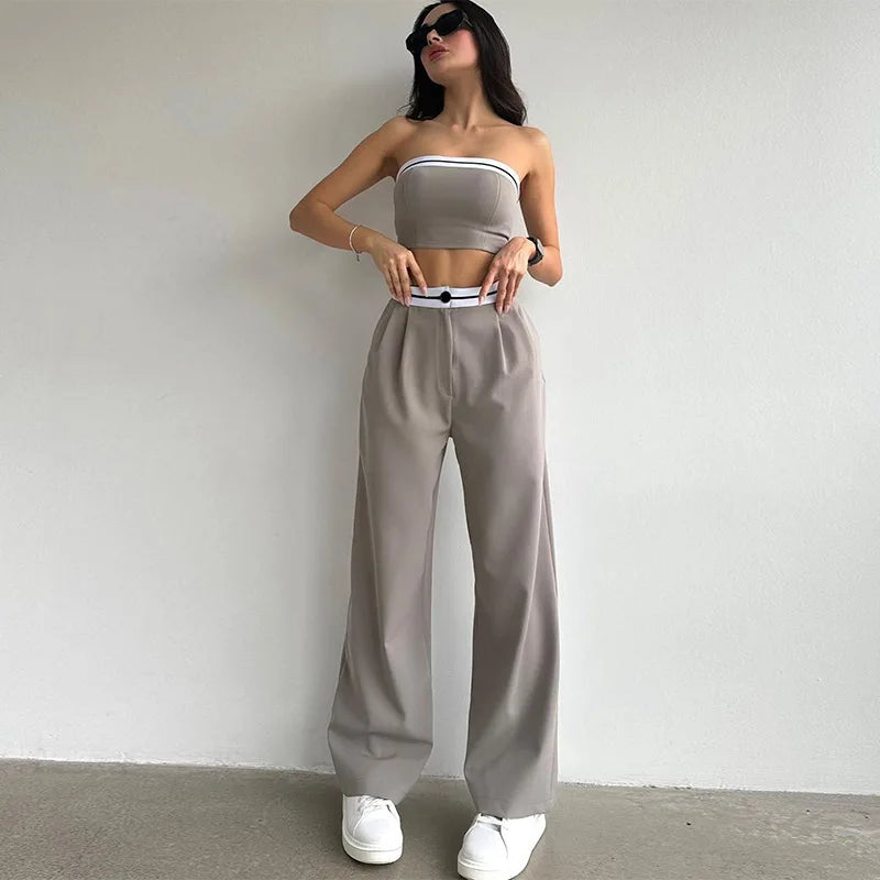 Women's Sexy And Fashionable Pants Set Spring/Summer Spicy Girls Sports Tube Top+High Waist Wide