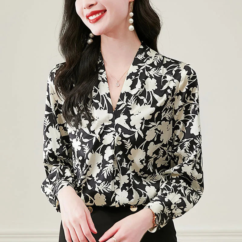 Real Silk Women's Satin Shirt Purple Black Blouses V-neck Elegant Shirts For Women Long Sleeve Tops Woman Floral Print Blouse