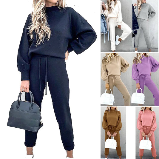 Autumn-Winter 2Pc Tracksuit &mdash; Women&rsquo;s Long-Sleeve Pullover Hoodie + Solid Jogger Pant Set — view 1 of tracksuits
