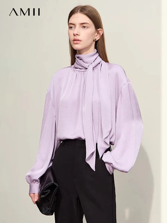 AMII Minimalism 2024 Spring Women Blouse New Light Luxury Stand Collar Lantern Sleeve Loose Chiffon Shirts Fashion Lady 12441094