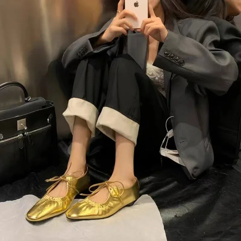 Flats & Ballet — Leather Metallic Ballet Flats, Silver Gold Bling Round-Toe Party Flats — view 5 of flats & ballet