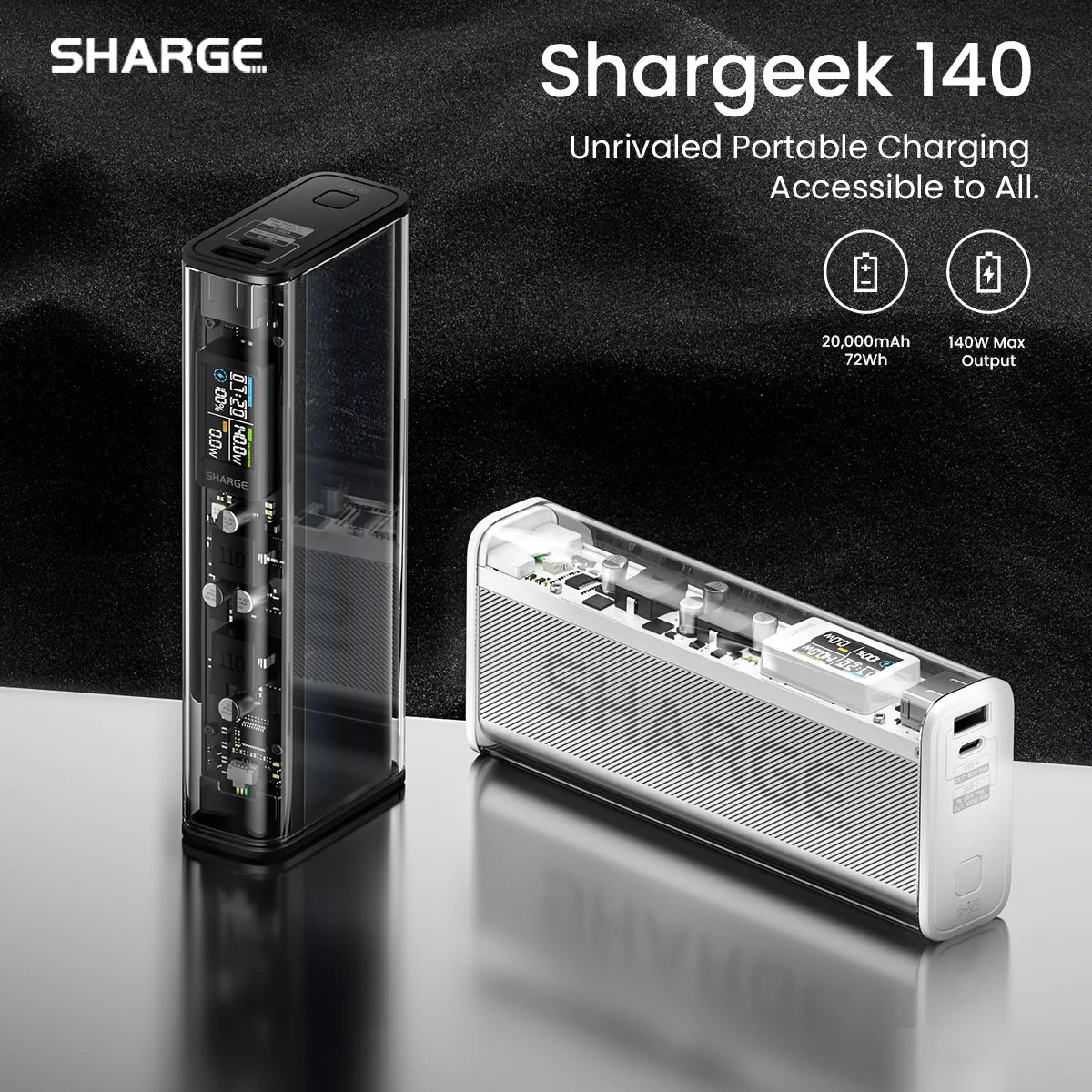 SHARGE 140W 20,000mAh Transparent Laptop Power Bank — Smart Display Cyberpunk — view 1 of power banks