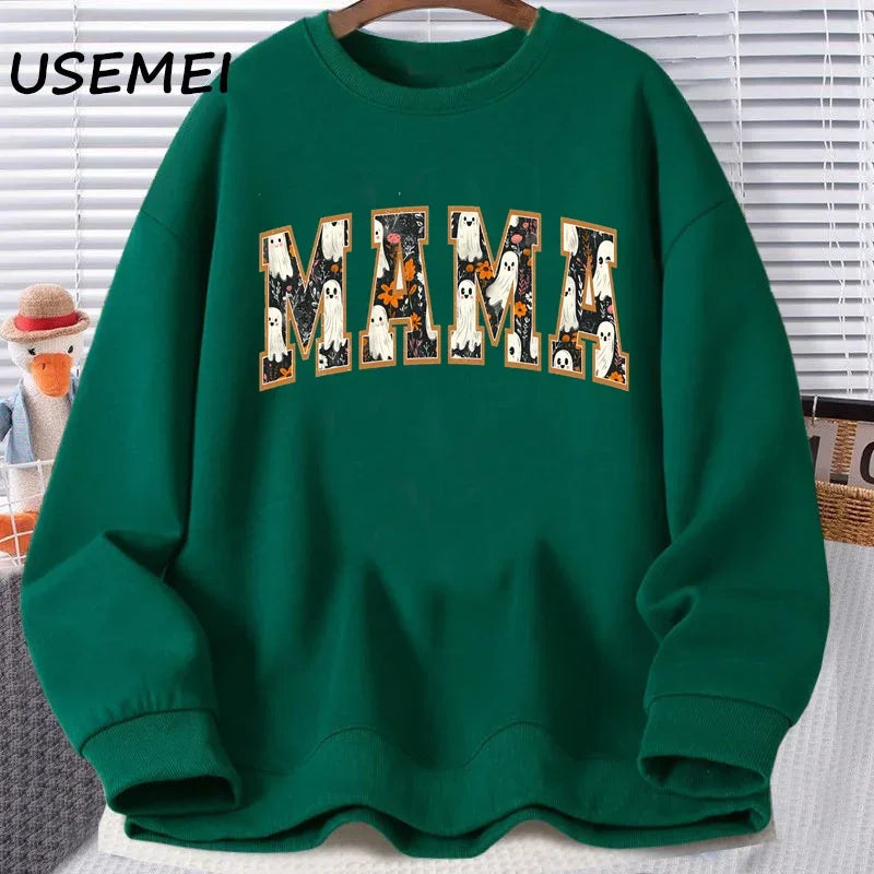 Mama Halloween Sweatshirt Mom Cute Spooky Crewneck Spooky Season Crewneck Sweatshirts Fall Floral Ghost Hoodies Women's Clothing