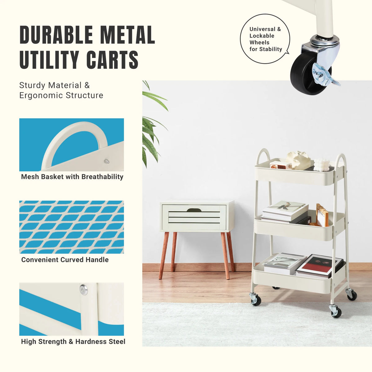 3-Tier Mobile Kitchen Storage Cart with Lockable Wheels — product photo 3