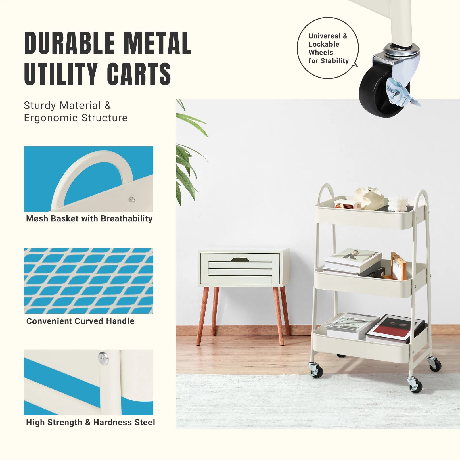 3-Tier Mobile Kitchen Storage Cart with Lockable Wheels — product photo 3