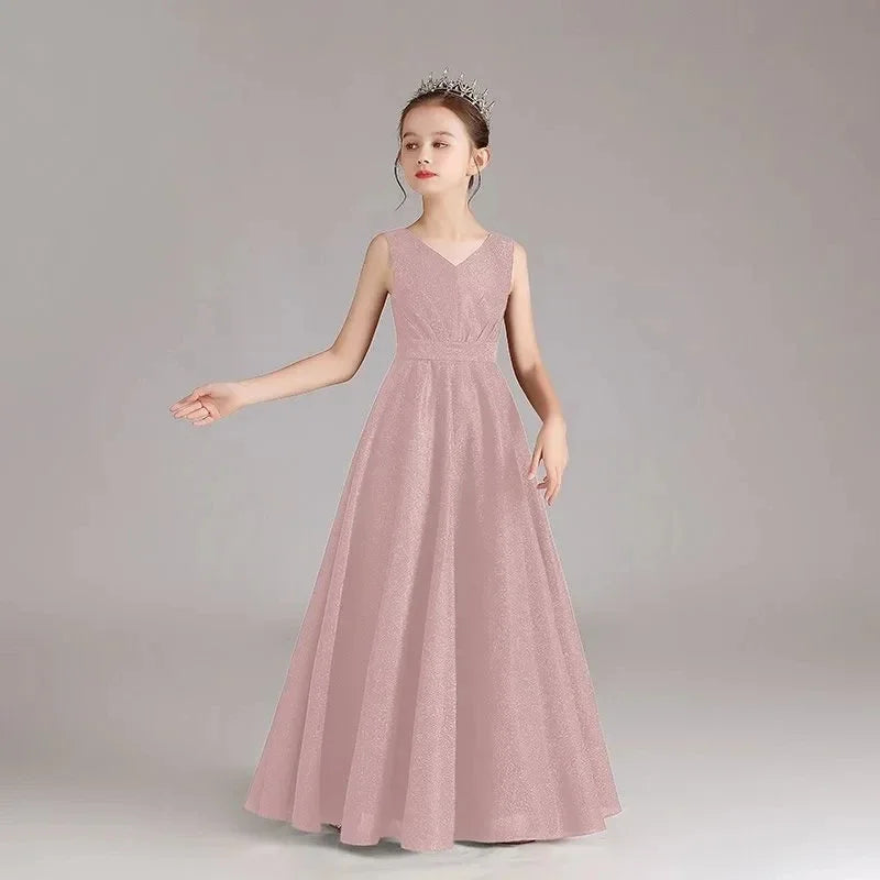 Elegant Black Blue Red Long Teen Kids Evening Gown For Girls Child Costume V neck Wedding Prom Dress 12 14 Years Party Clothes