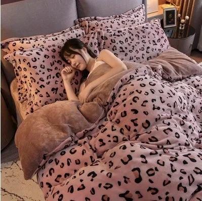 Coral Fleece Four-Piece Set Winter Thicken Thermal Double-Sided Flannel Bed Sheet Leopard Quilt Cover Milk Fiber Bedding