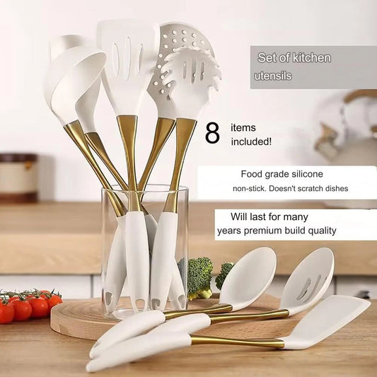 UMEUMI Cooking Spatula 8 Pcs Golden White Silicone kitchenware Utensils Cooking Set Soup Spoon Frying Pan Spatula Universal Tool