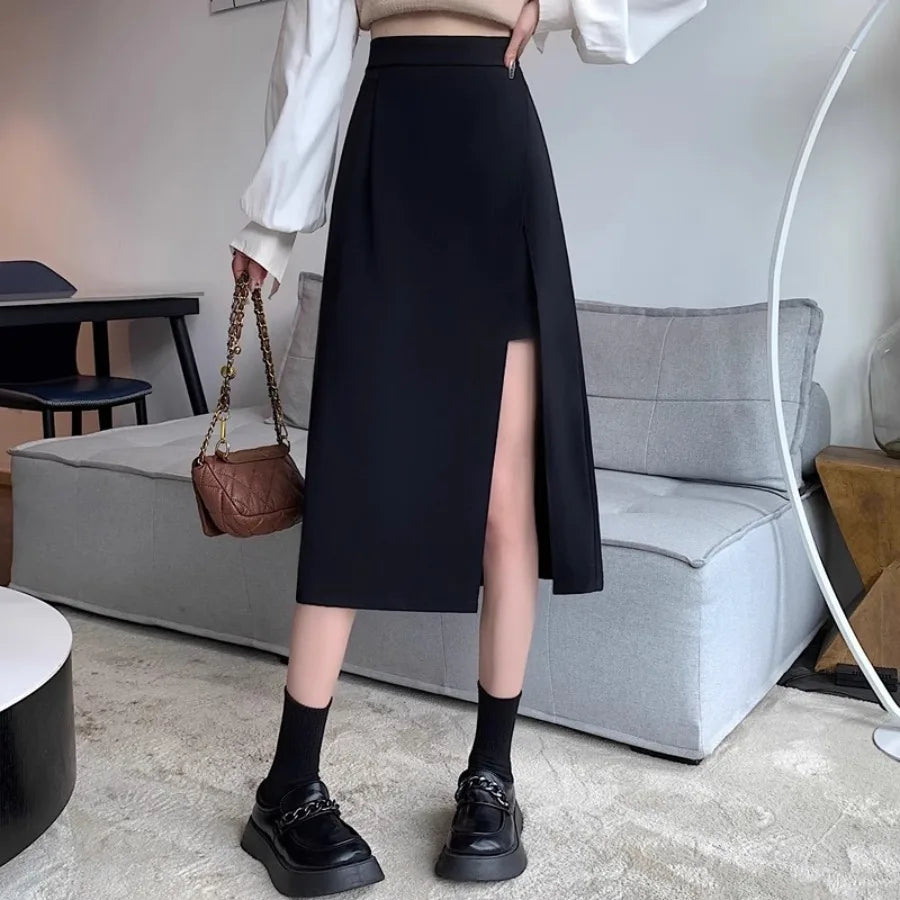 Front-Slit Mid-Long Pencil Skirt — High-Waist Body-Skimming Evening — front view