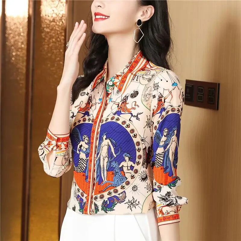 Women's Baroque Printed Mulberry Silk Shirts Spring Classic Vintage Fashion Loose Blouse Female Top Temperament Elegant Shirt