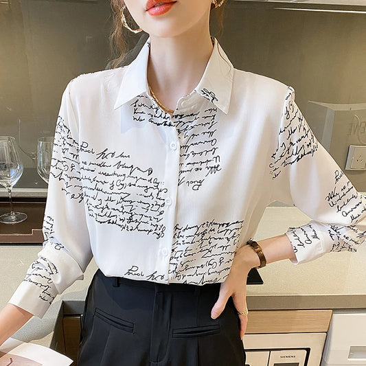 Women Spring Korean Loose Elegant Letter Printing All-match Long Sleeve Shirts Women Clothes Casual Office Lady Printing Tops