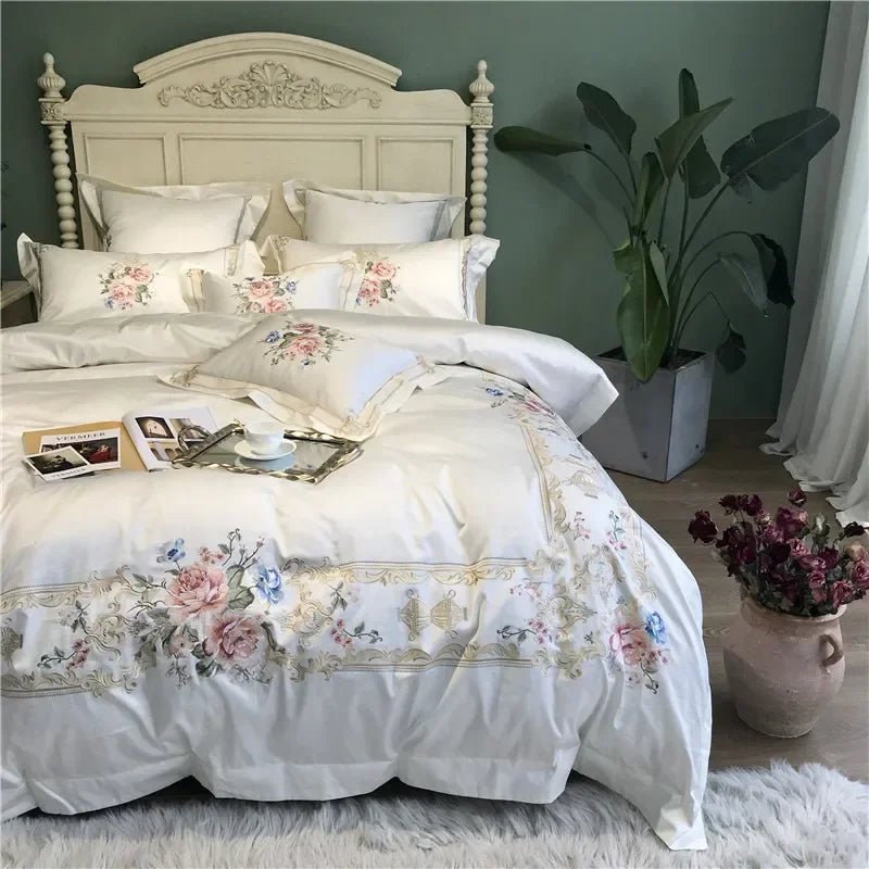 Svetanya 1000TC Egyptian Cotton Embroidered Bedding Set – Luxury White Queen & King Duvet Cover Set