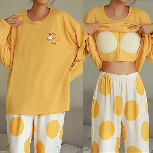 Long Sleeve Pajama Sets Women Sleepwear Padded Autumn Full Length Korean New Home Cozy O-Neck