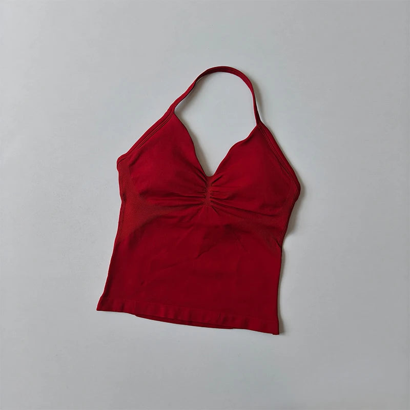Longline Strappy Yoga Tank &mdash; Seamless Ruched Backless Gym Vest with Built-In Bra — view 8 of sports bras