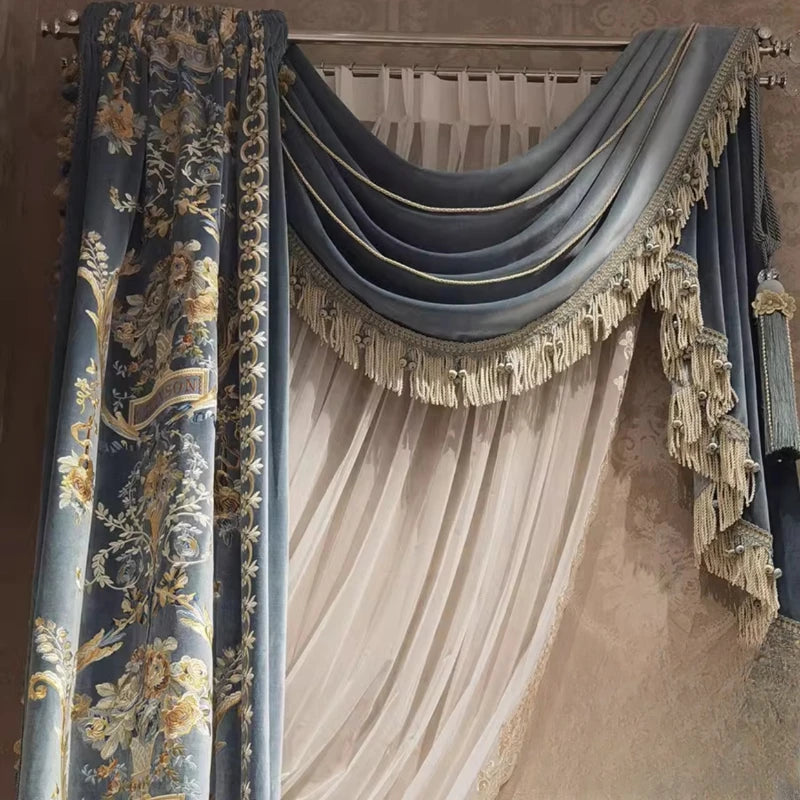 Custom European Palace Velvet Embroidered Curtains – Luxury Bed Valance & Tulle Drapes