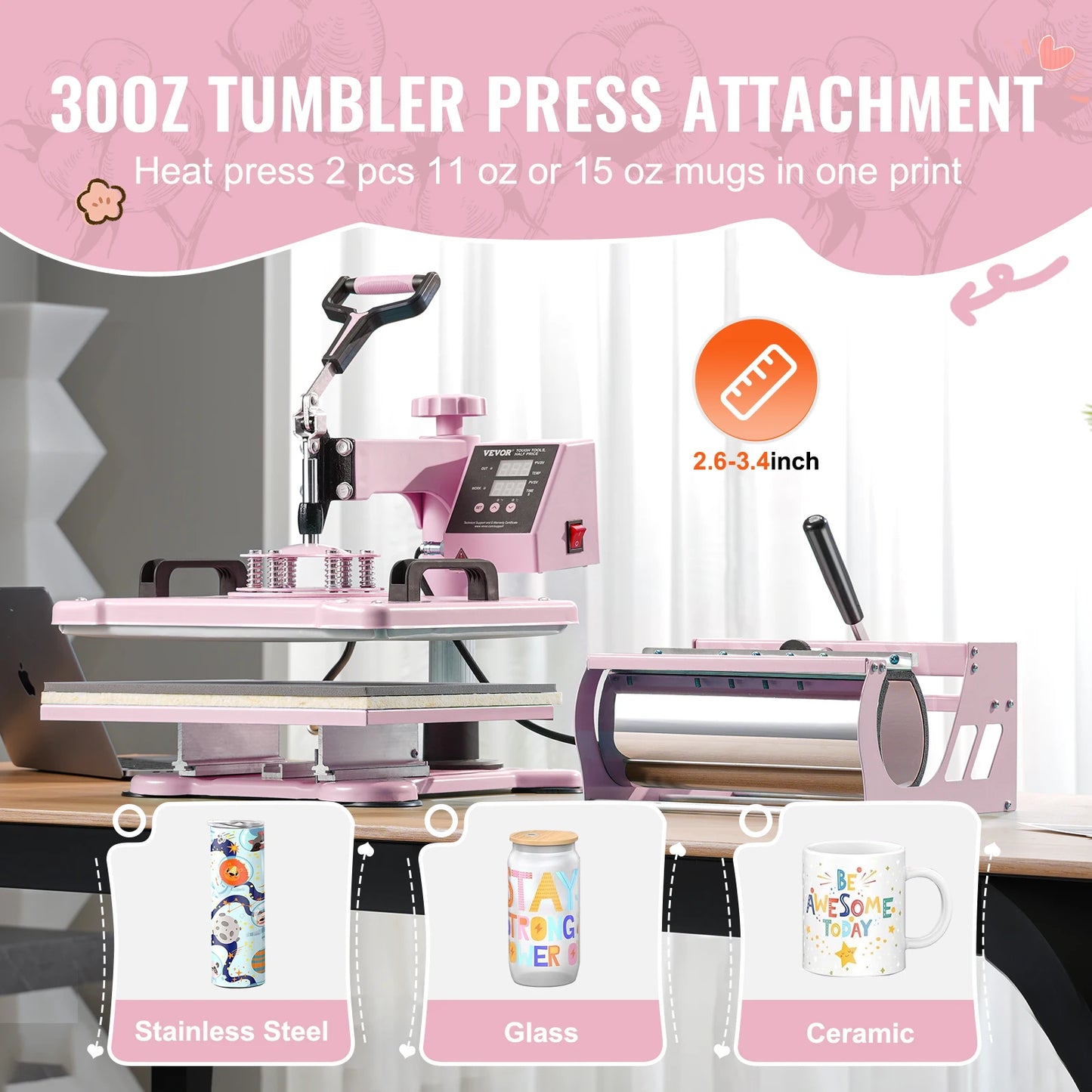 SucceBuy Heat Press Machine 12x15 inch  8 in 1 Heat Transfer Machine 360° Swing Away T-Shirt for T-Shirts/Mugs/Hats/Plates Pink