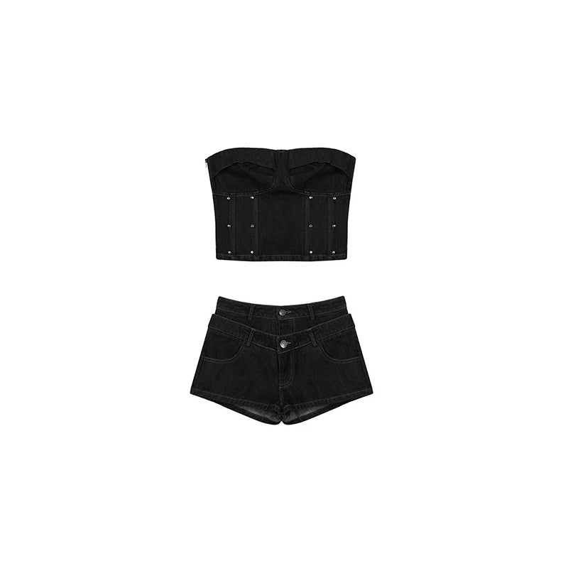 RORORIRI Steampunk Studded Corset Top Denim Shorts Women 2-piece Set Low Rise Short Pants Spliced Tube Top Retro Y2k Streetwear