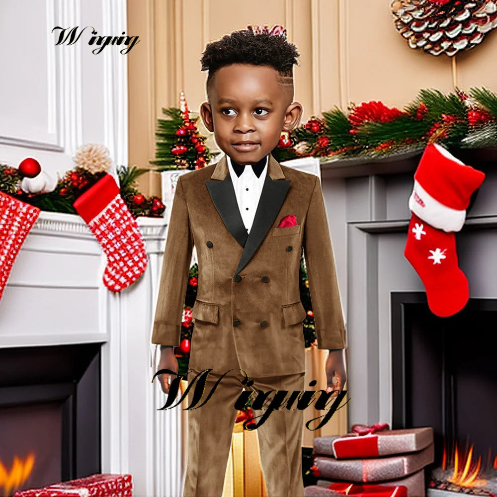 Boys Suit Velvet Jacket Pants 2 Piece Set Double Breasted Blazer Kids Wedding Tuxedo Gun Lapel Custom Clothes