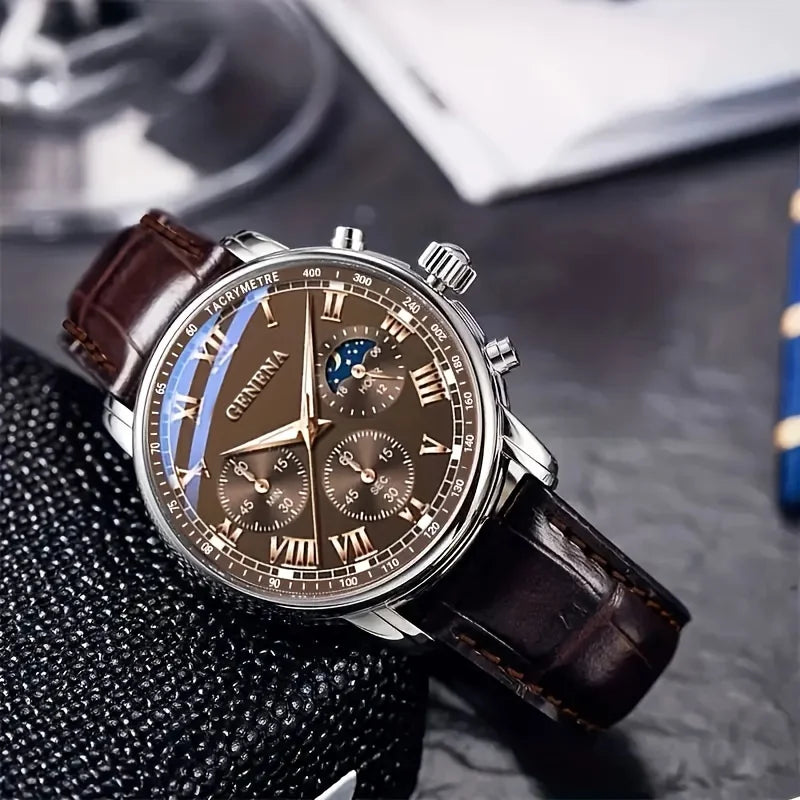 GENEVA Men's Luxury Belt Watch — Round Business Sport Waterproof Quartz Wristwatch — view 4 of watches